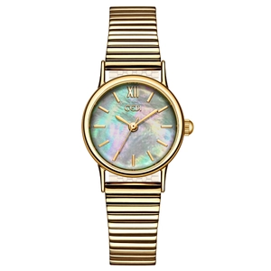 Elegant gold watch with a colorful mother of pearl dial and minimalist metal strap