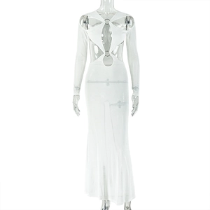 Detail of white slim-fit dress featuring cut-out waist design and metal ring connector