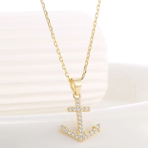 Elegant gold anchor pendant necklace for women with pave-set sparkling zircon crystals