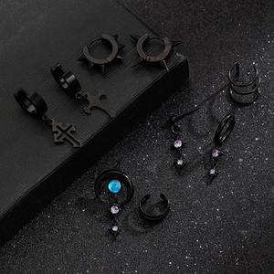 Gothic black stainless steel earring set with cross pendants and dark moon studs