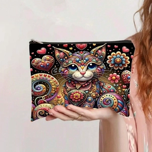 Trousse à maquillage en toile avec chat artistique, motifs bohèmes et fermeture éclair
