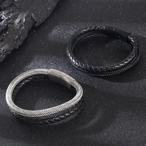 Men's double-layer braided leather and stainless steel bracelet with magnetic clasp