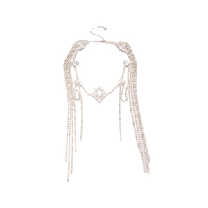 Elegant silver tassel body chain featuring zircon diamond clusters and draped fringe