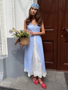 French country style blue gingham layered dress with buttons and white tiered hem detail