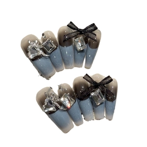 Luxurious grey blue gradient press-on nails with bow ribbons and crystal rhinestones