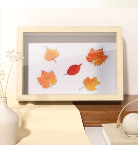 Macro detail of 3cm deep wooden shadow box frame with autumn leaf decorative stickers