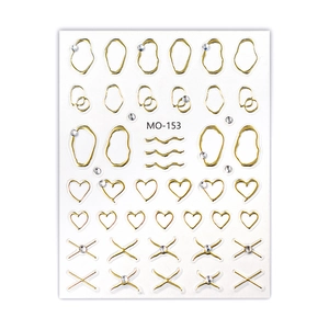 Golden liquid metal 3D nail art stickers with embossed geometric patterns and rhinestones