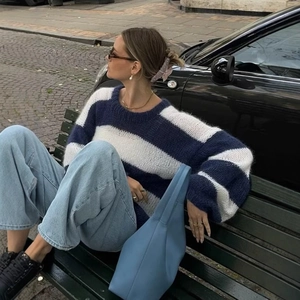 Women Oversized Knit Sweater Blue White Striped Round Neck Long Sleeve Casual Loose Lazy Style Pullover