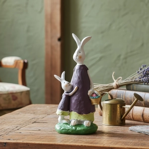 Rustic resin mother and baby rabbit figurines in purple dress for home garden decor