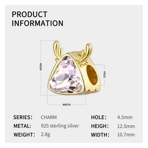 Detailed view of silver reindeer charm with pink crystal showing 925 mark and dimensions