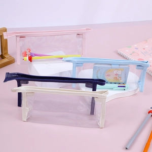 Minimalist clear PVC pencil cases in four pastel colors with large storage capacity
