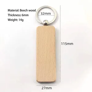 Detailed technical diagram of beech wood keychain showing 115mm length and 6mm thickness
