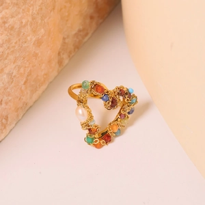 Heart Open Ring Titanium Steel Freshwater Pearl Natural Stone Handmade Wire Wrapped Boho Retro Jewelry For Women