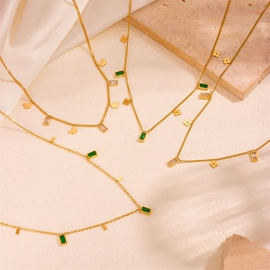 Vintage Stainless Steel Gold Plated Multi Pendant Butterfly Flower Square Green White Rhinestone Tassel Necklace Jewelry For Women