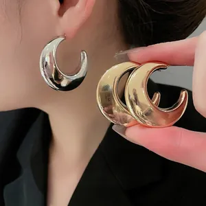 Chunky C-Shape Hoop Earrings Minimalist High Polish Metal With Silver Earring Post For Women Fashion Geometric Jewelry