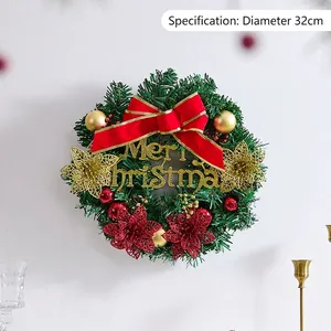 32cm Christmas pine needle wreath with red bow, gold flowers and Merry Christmas sign