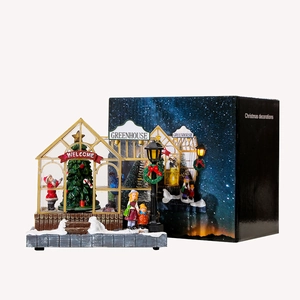 Christmas LED miniature greenhouse music box with festive gift box packaging