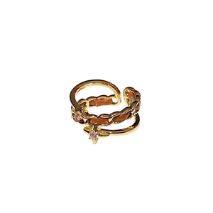 Vintage double-layered open ring with gold chain style and brown leather detail
