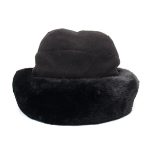 Women's winter black suede bucket hat with thick faux fur trim for windproof warmth