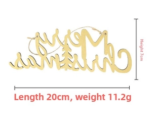 Detail view of a 20cm golden Merry Christmas wooden hanging plaque with size dimensions