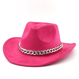 Hot pink Western cowboy hat with wide brim and decorative silver curb chain link