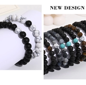Detail shot of assorted natural stone bead bracelets including turquoise and tiger eye stone