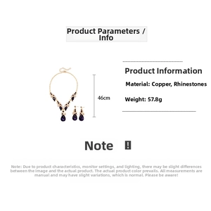 Detail view of water drop jewelry set featuring purple crystals and copper necklace specs