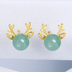 Elegant gold S925 silver reindeer antler stud earrings with green aventurine stones