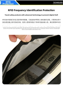 Detail of RFID blocking inner lining and mesh pocket for passport and cards