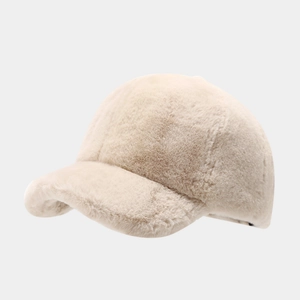Soft faux rabbit fur baseball cap in off-white, warm plush winter hat for women