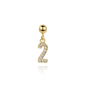 Macro shot of gold number 2 pendant with crystals on a ball stud earring detail