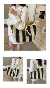 Detailed views of vertical striped straw tote bag featuring black tassels and shoulder strap
