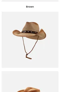 Detail of brown straw cowboy hat with leather band, metallic rivets and adjustable chin strap