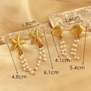 Starfish and seashell earrings with pearl tassels in 18k gold plated stainless steel