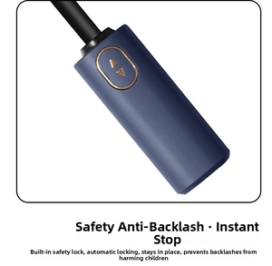 Detail of umbrella handle with safety anti-rebound button and gold-trimmed auto switch