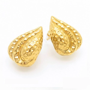 French style 18k gold plated stainless steel teardrop earrings with hammered texture