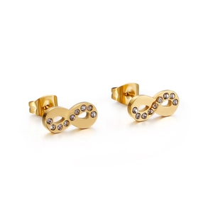 Elegant gold infinity symbol stud earrings featuring pavé set sparkling cubic zirconia stones