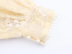 Detailed close-up of champagne mesh cuff with intricate sequin embroidery and pearl buttons