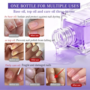 Three-in-one purple nail oil in a glass bottle showing base and top coat functions