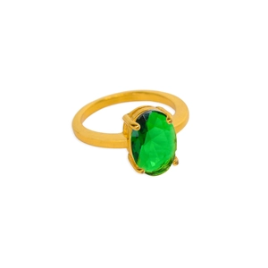Close-up of a 18K gold plated ring featuring a large oval green gemstone in a four-prong setting