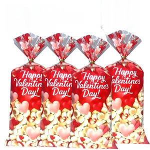 Detailed view of OPP treat bags with red hearts and Happy Valentine's Day text