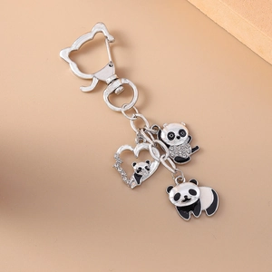 Silver panda keychain with rhinestone heart pendant and cute cat-shaped hook charm