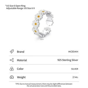 Adjustable S925 sterling silver daisy ring with white enamel petals and yellow center