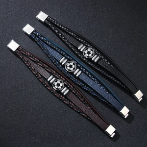 Multi Layer Braided PU Leather Bracelet With Alloy Soccer Charm Stainless Steel Magnetic Clasp Men Sporty Casual Style