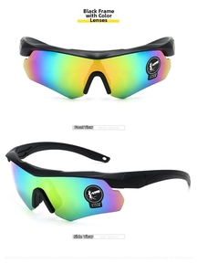 Detail of tactical goggles with black frame and colorful rainbow anti-explosion lenses