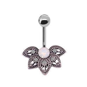 Silver fan-shaped navel ring featuring a central white opal and sparkling small diamonds