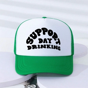 Close-up of Support Day Drinking text on a green and white mesh trucker hat