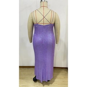 Detail of cross back straps and purple sequins on a slim fit evening mermaid dress