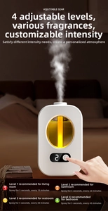 Detail of smart essential oil diffuser showing mist spray with 4-level digital timer display