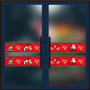 Red Christmas static window clings featuring Santa Claus and reindeer on glass doors